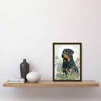Rottweiler pas sjedi u cvijećem teren Moderna akvalitetna ilustracija umjetnička djela uokvirena zidna