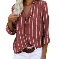 Homchy majica za žene, ženske prugaste otisnuto rever s dugim rukavima, duguljastom rubnom gumbom ljetna