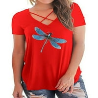 Pfysire Womens V rect majica kratkih rukava Ljetna casual vrhova bluza crvena 2xl