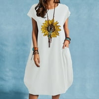 Ženski ljetni pamučni i posteljinski cvjetni print casual kratki rukav sa džepom elegantne duge CrewNeck