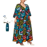 Ženski tropski multikolor V izrez SMOCK rukav plus veličina haljine