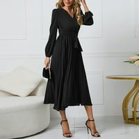 Haljine za žene s dugim rukavima Slim Fit Pleated Belt V-izrez Elegantna haljina Black XL