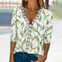 Lilgiuy ženska modna majica cvjetna tiskana čipka tri četvrtine bluza s rukavima V-izrez casual top