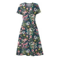Haljina za žene, žensko ljetno casual modne cvjetne print kratkih rukava V-izrez Swing haljina mornarstva