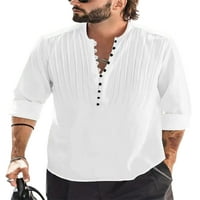 Glonme Men Tunic Majica V vrat Top Dugme Down majice Mens Regular Fit bluza Lagana dugih rukava bijela