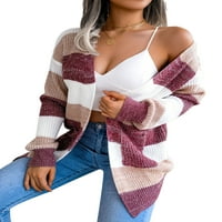 Arvbitana Ženski pleteni kardigan kaput prugasti dugi rukav otvoren džemper s prednjim pletivom sa džepovima