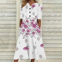 Ležerne haljine za žene za žene Loathed Flowy Swing Drešeni džepovi Ljeto cvjetno tiskano dugme V-izrez