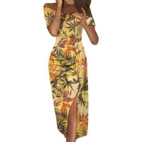 Dyegold ženska badycon midi haljina rušina s ramena kratki rukav bočni prorez tropskog ispisa elegantna