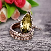 Milgrain Art Deco Trio Set 2. Karatni šampanjački dijamantni prsten za angažman na 10k Rose Gold 8x kruška Oblik dragulja Halo prsten sa odgovarajućim bendom iznenađujuće prsten