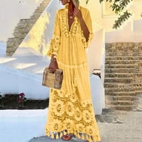 Haljina za ljeto-modna casual boemian plus veličine V-izrez čvrste boje čipke tassel duga haljina, žuta