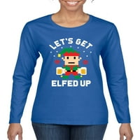 Pikselarirani ELF Božićni ženski grafički majica s dugim rukavima, kraljevska, X-velika
