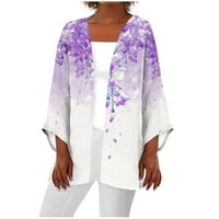 Plus veličine Kardigan za žene Bell rukava Otvoreni prednji vrhovi cvjetni ispis labavo svjetlo Kimono Cardigan Purple XXXXL