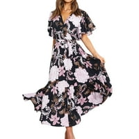 Fesfesfes ženska modna modna proljeća tiskanje V izrez kratki rukav zabava plaža labava haljina dugačka