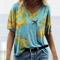 Ženska modna ljetna plus veličine V-izrez T-majice kratki rukav Novost Zemlje Ispiši labavi bluzu
