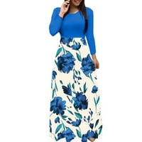 Ljetne haljine za žene s dugim rukavima Maxi Leisure A-line ispisane haljine scoop vrat plava m