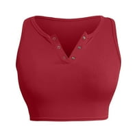 Ženski ljetni seksi vrhovi gumb obrezan tanak V izrez bez rukava s punim bojama Torp crveni s