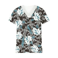Hesxuno T majice za žene Ljetne modne cvjetne tiskane majice Labavi seksi čipka V izrez kratkih rukava