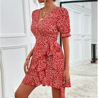 Ženske haljine midi haljina, ležerni cvjetni kratki rukav letnji haljina V-izrez crvene s
