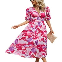 Ljetna haljina za žene kratki rukav V izrez uzorak cvjetnog print plaža Ležerna haljina