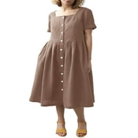 Glonme midi haljina za žensko dugme za kvadratne vrat dolje Ljetna haljina kratki rukav labav ljuljačka
