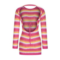 GUZOM džemper za žene - dugi rukav Striped Sexy Warp uska jesen i zimski pleteni posadni vrat midi haljine