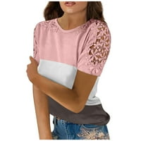 Ženska modna čipka šuplje šivanje okruglog vrata kratkih rukava majica Top Pink XL