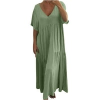 Ljetne haljine za žene, žensko ljeto V-izrez kratki rukav s pune boje labave haljine u pamučno i posteljinu