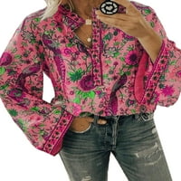 Uhndy Womens Boho Bluze s dugim rukavima cvjetni tasteri za zatvaranje Pulover T Majica Dame Jesen Casual
