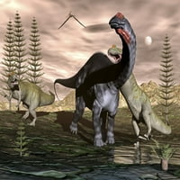 ALLOSAURUS dinosauri napadaju apatosaurus među kalamitnim stablima i postrojenjima za postrojenja cikasa