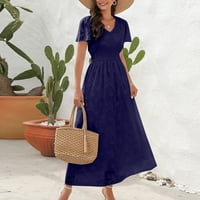 Ljetne haljine za žene kratki rukav A-line Dužina gležnja Cut Club Solid V-izrez Blue XL