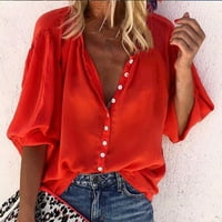 Puawkoer Solid T Coutely Top rukava Dressy Print Summer Ruffle izrez Žene Duge majice V Ženske majice