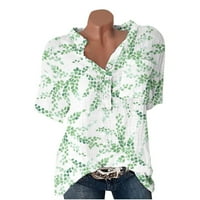 Ženski gumb down V izrez T Majica Pamučna posteljina Ljetni cvjetni tisak kratkih rukava Majice Ležerne