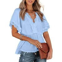 Bazyrey Womens V-izrez ženska majica s kratkim rukavima, majice od labavih tunika plave s