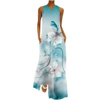 Voncos opružne haljine za žene - Ljetni modni ispisani V-izrez Džepne haljine bez rukava nebesko plava