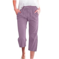Capri pantalone za žene Ljeto Čvrsto pamučne posteljine casual obrezirane pantalone nacrtaju elastrični