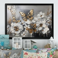 Art Demandart Zlatni bijeli leptir krila i cvijeće I Cvjetni uokvireni zidni umjetnička umjetnost za