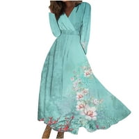 Samickarr Plus size Maxi haljina za žene s dugim rukavima V izrezom casual boho cvjetni ispis ruffles