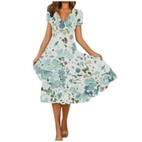 Ženska haljina ljetna casual moda cvjetna ispis kratkih rukava V-izrez Swing haljina, svijetloplava,