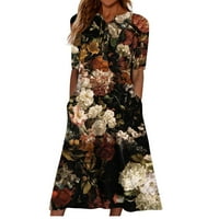 Ljetne haljine za žene cvjetni vrat posada A-line dužine gležnja modni kratki rukav datum haljina smeđa