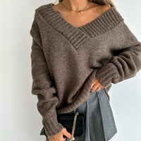 Zunfeo džemper za žene - pletene vrhove V-izrez čvrsti pulover Trendi labav fit dugih rukava Ležerne