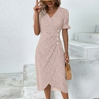 Žene ljetne casual cvjetne tiskane asimetrične haljine V-izrez Midi lisnato rukavice ružičaste XL