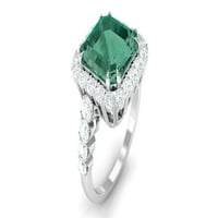 Asscher Cut Lab Odrastao zeleni safirni prsten sa moissitnim halo, srebrnom srebrnom, SAD 12,00