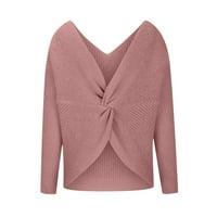 Apfuyy džemperi za žene čišćenje pulover dugih rukava V izrez Pleteni zimski džemperi za žene ružičaste