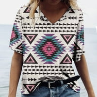 MLQIDK Trendy Aztec Majica Ženska ljetna kratkih rukava Torbe V izrez Zapadnoe etničke grafičke majice