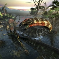 Apatosaurus dinosaur koji pliva daleko od Spinosaurusa. Poster Print Kurt Miller Stocktrek Images