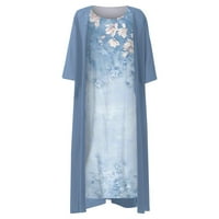 Ležerne haljine za žene Srednja duljina rukava s linijom od ispisane okrugle dekolte, plava 2xl