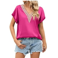 Košulja kratkih rukava za žene labavo satenski vrh Gruipure čipka V izrez svilena bluza vruće ružičaste