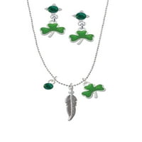 DELIGHT nakit Silvertone 3-D feather Green Shamrock ogrlica i djetelina minđuše nakit set