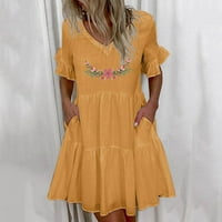 Ljetne haljine za žene s kratkim rukavima za ispis cvjetnog uzorka V-izrez midi fit i bljesak casual