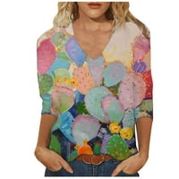 Žene ljetne vrhove Dressy Casual Novelty Color Cactus Print rukav V majice